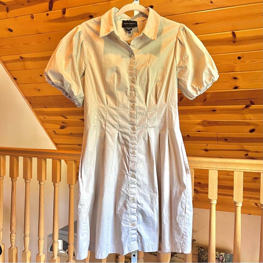 Donna Morgan Women's Button Up Shirt Dress in Sand Puff Sleeves Collar Size 12